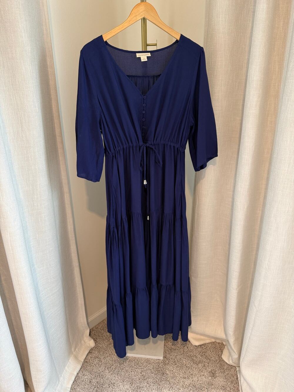 Loralette Maxi Dress Women's Size 14 Blue Half Sleeve V-Neck Drawstring Waist